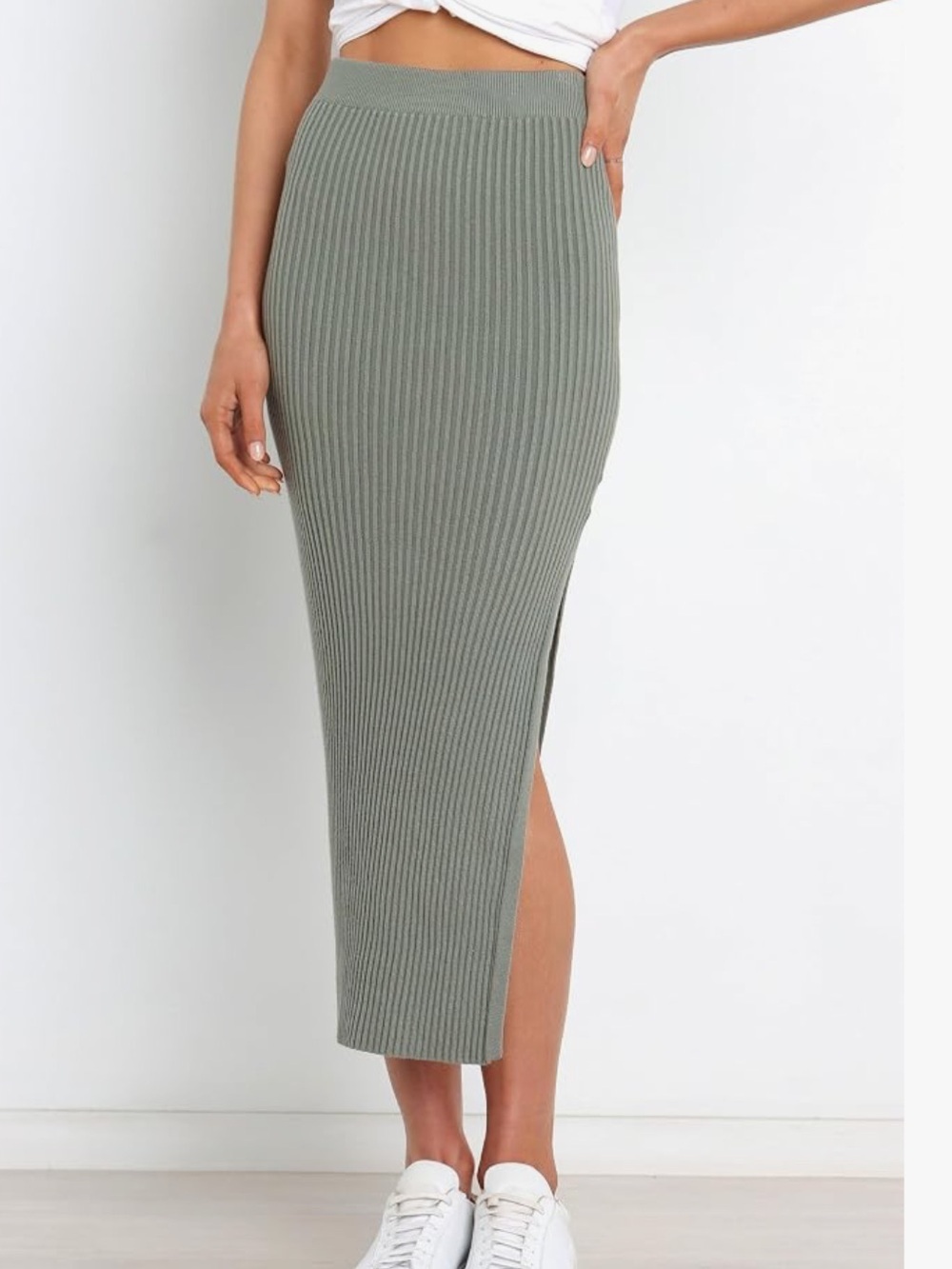 Petal & Pup Bowen Skirt Olive Ribbed Side-Slit Midi Skirt NWT - Picture 11 of 11